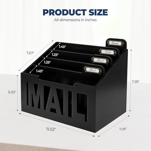Mail Organizer Countertop, Desktop Mail Sorter with 4 Slots & Labels, Black - Image 3