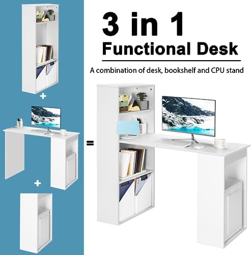 Tangkula White Computer Desk with Bookshelf, Writing Study Desk with Storage Shelves & CPU Stand, Modern Compact Computer Workstation for Home & Office, Space-Saving Design - Image 4