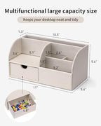 VLANDO Office Desk Organizer Leather Desktop Organizer Caddy with Drawer for Storing Desktop Supplies and Accessories (White) - Image 2