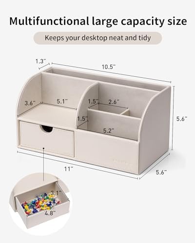 VLANDO Office Desk Organizer Leather Desktop Organizer Caddy with Drawer for Storing Desktop Supplies and Accessories (White) - Image 2
