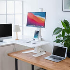 Mount-It! Electric Standing Desk Converter, Adjustable Tabletop Sit Stand Desk Riser with Single Monitor Mount for Monitors up to 32", Freestanding 28" Wide Platform Rises up to 20.75" White - Image 2