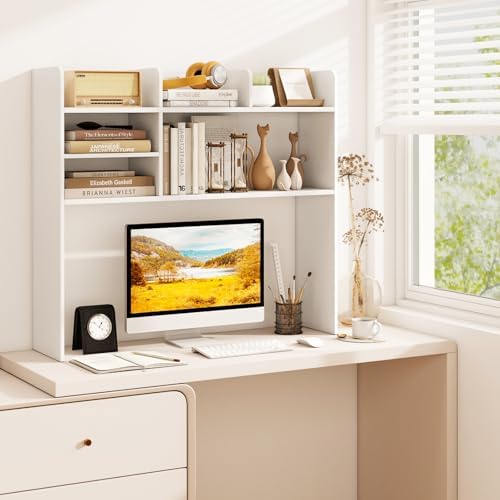 GOFLAME 6 Shelves Desktop Bookshelf, 37” Desk Hutch Dorm for Computer Monitor Up to 32”, 3-Tier Countertop Display Rack, Wood Desk Storage Organizer Shelf for Home Office, Study, White - Image 2