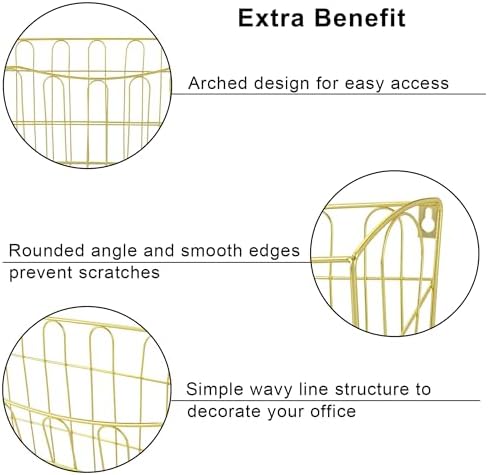 TQVAI Hanging Wall File Organizer 3 Pack, Gold Metal Wall Mounted File Holder, No Assembly Required, Curved Pocket Paper Document Rack for Office Home School Magazine Mail Storage - Image 4