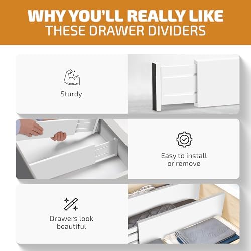 6-Pack Drawer Dividers - 6 Inches High, Adjustable 11 to 17 Inches Bamboo Drawer Organizer, Large Expandable Separator for Clothes, Dresser, Bedroom, Bathroom, Baby, Office, Kitchen Utensil, White - Image 3