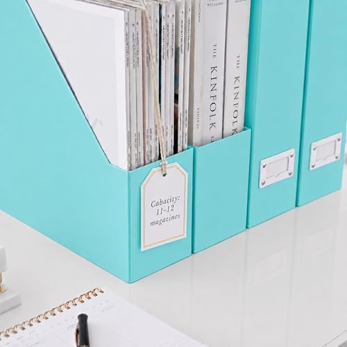 BLU MONACO Set of 6 Aqua Magazine File Holders | Foldable Magazine Storage Boxes with White Leather Label Holders | Vertical File Organizer for Desk, Shelves & Home Office - Image 3
