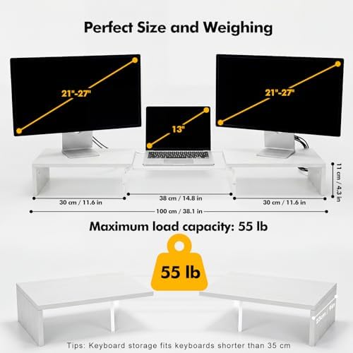 Dual Monitor Riser, Acrylic Monitor Riser with Keyboard Storage, Adjustable Angle & Length Computer Monitor Stand, Wide Desk Shelf for Top of Desk for Home Office_White Maple Look - Image 3