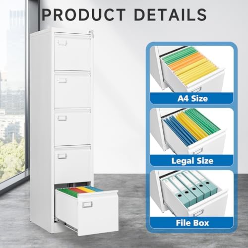 BYNSOE 5 Drawer File Cabinet with Lock Metal Vertical File Cabinet Office Home Vertical File Cabinet for A4 Legal/Letter Size Narrow File Cabinet Locked,Assembly Required - Image 5