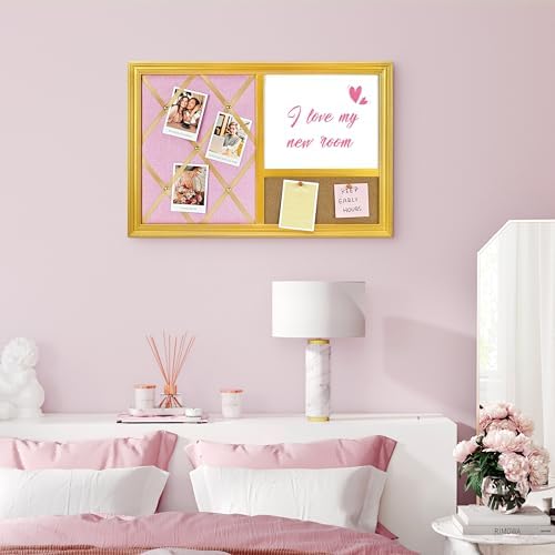 3-1 Memo Bulletin Board Combo,16’’x24’’,Gold Frame Pink Linen Ribbon Photo Board, Magnetic Whiteboard & Corkboard, for Office, Home, Bedroom,School,Dorm Wall Decor - Image 5