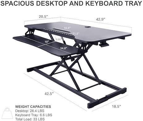 Rocelco 43" Height Adjustable Standing Desk Converter with Premium Dual Monitor Arm Mount - Tall Stand Up Tabletop Riser and Tablet Slot - Computer Workstation - Keyboard Tray - Black (R VADRB-43-MA2) - Image 3