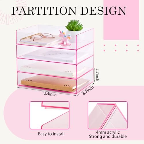 Harloon 4 Tier Paper Organizer Letter Tray Pink Acrylic Desk File Organizer Heavy Duty Stackable Documents Clear Letter Paper Holder Office Tray for A4, Office Classroom Home File Pad Notebooks - Image 2