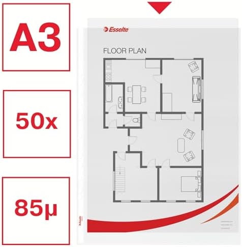 Esselte Quality Plastic Punched Pocket A3 Portrait, Clear Matt Finish, Top Open, 85 Micron Polypropylene, Box of 50, 55231 - Image 2