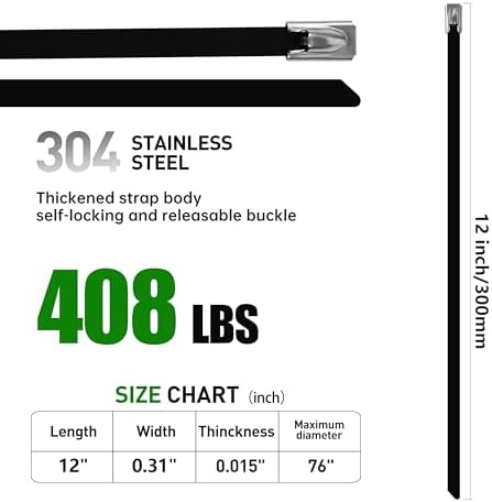 MasiStran Metal Zip Ties 200 Pack 12 Inch, 304 Stainless Steel 408LBS Heavy Duty Zip Ties Black - Self-Locking Cable Ties for Exhaust Wrap，Chain Link Fence Parts, Outdoor Farms,Pipes - Image 2