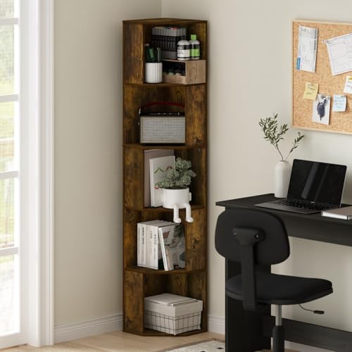 Furinno ECON Corner Shelf, 5-Tier Corner Book Shelf, Standing Storage Shelves, Cube Display Rack, Bookshelf, for Organization and Storage, Living Room, Home Office, Amber Pine - Image 2