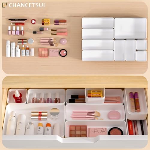 White Desk Drawer Organizer Trays: 9PC Shallow Vanity Bathroom Organizers - Image 3