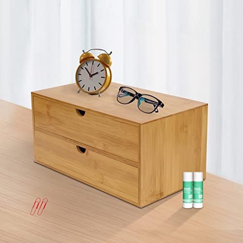 Bamboo Desk Organizer Small Retro Bamboo Tabletop Storage Box with Drawers& Recess Handles for Office Home Supplies Table Storage Collector 13 * 7.5 * 6in (2 Drawers) - Image 5