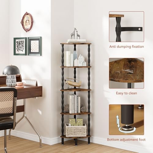 IBUYKE 5-Tier Corner Shelf for Small Space,Stylish Corner Bookshelf WBC020H - Image 4