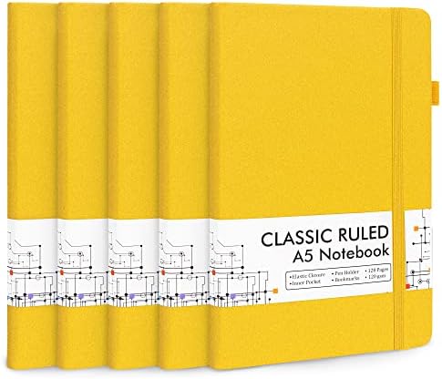 5 Pack Journal Notebook Bulk for School, Feela Hardcover Business Notebooks Classic Ruled Lined Journals with Pen Holder for Work Note Taking, with 5 Black Pens, 120 GSM, 5.1”x8.3”, A5, Yellow by feela