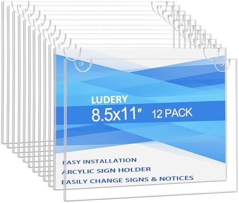 Acrylic Sign Holder 8.5 x 11 Horizontal, Wall Mount Document Holder, Clear Plastic Picture Frame with Tape Adhesive and Screws for Office, Home, Store, Restaurant - 12 Pack by Ludery