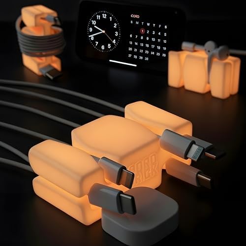CordBrick 4PK Glowing Silicone + Steel Weighted Cable Holders for Nighstands, Cord Wraps for Travel, Unique iPhone Accessories. Small Graduation Gift for High Schoolers. Gadget for Teens. Orange Glow by CordBrick