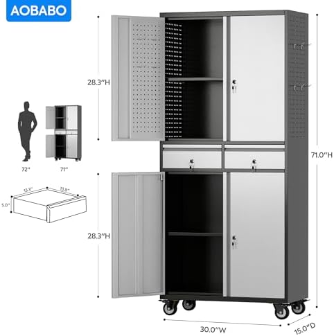 Aobabo Garage Storage Cabinet with 2 Drawers, Metal Storage Cabinet with Wheels for Garage Home,Assembly Required,Black&Silver - Image 3