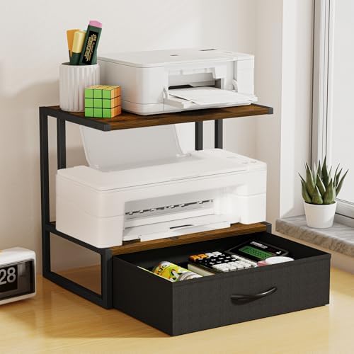 Printer Stand with Storage for Desk, with Fabric Drawer Desktop Printer Stand Shelf Organzier for Home Office, for Above and Under Desk Printer Table, Fax Machine Copier Scanner, Brown - Image 3
