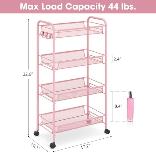 TOOLF 4 Tier Rolling Cart, Metal Utility Storage Cart with Wheels, Pink - Image 6