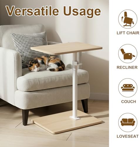 YUHFERA Sofa Armrest Tray Table for Couch - 360 Swivel Height Adjustable End Table for Small Spaces, Snack Side Table for Bed or Chair with Phone & Tablet Slot (Oak, Enlarged) - Image 3
