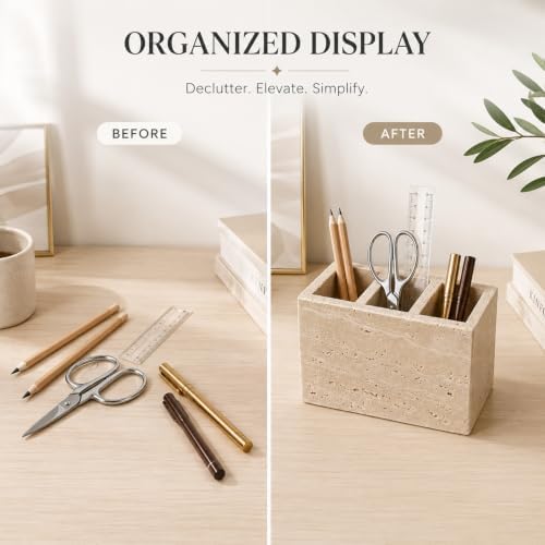 Travertine Desk Organizer, 3 Compartment Pencil Holder - Image 4