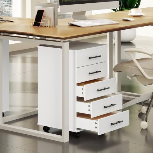 HOOBRO 5-Drawer File Cabinet, Office Filing Cabinet with Drawers, Wooden Mobile Storage Cabinet with Wheels, for Makeup, Home Office, Easy Assembly, White WT05WJ01G1 - Image 2