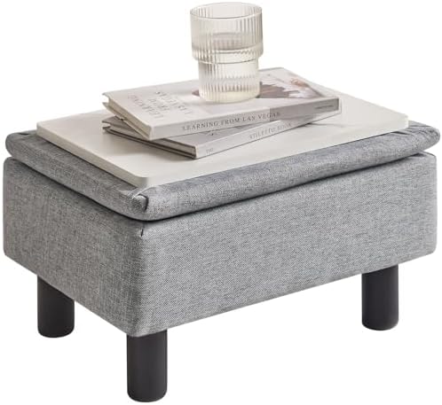 IBUYKE Storage Footstool Ottoman, Linen Fabric Footrest, Gray Blue RF-BD224 - Image 4
