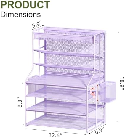 Purple 7 Tier Desk File Organizer, Metal Letter Tray Paper Organizer with Pull-Out Drawer, Removable Pen Holder & Hanging Basket, Vertical Desktop File Holder for Home Office, Classroom - Image 6