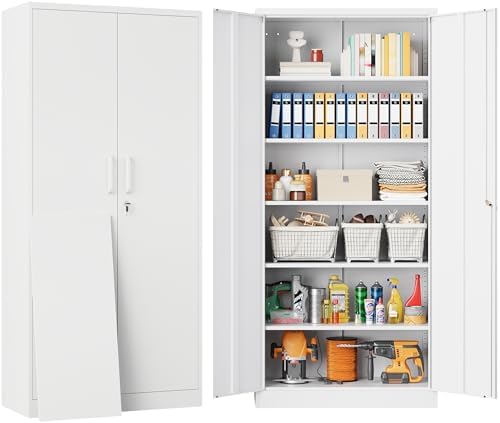 SISESOL White Metal Storage Cabinet with 2 Doors and 6 Shelves,71" Tall Metal Cabinet with Lock,Lockable Garage Storage Cabinets,Locking File Cabinet,Steel Tool Cabinets for Home,Office,Garage,Shop by SISESOL