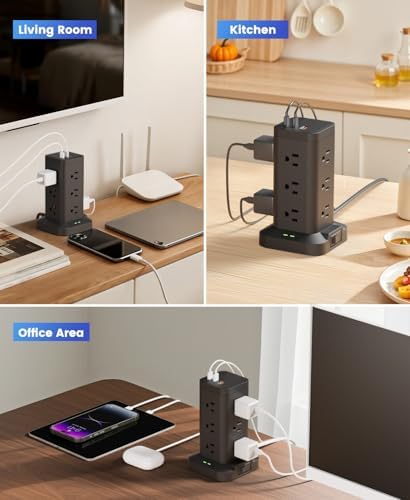 Power Strip Tower with Surge Protector 1800J, Fast Charging Tower PD20W USB-C Ports with 12 AC Outlets, Extension Cord for Home Office Dorm Room, 10ft, Black - Image 5
