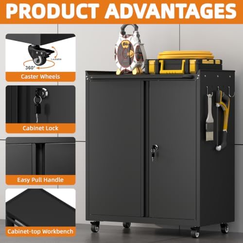 32''H Metal Storage Cabinets with Lock, Metal Garage Storage Cabinet on Wheels, Lockable Rolling Tool Chest Cabinet with Doors & Adjustable Shelves for Garage, Home, Office, Assembly Required - Image 4