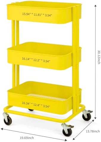 3 Tier Rolling Cart Metal Heavy Duty Utility Cart with Silent Caster Lockable Wheel Multi-Functional Organization Carts Storage Trolley with Mesh Shelves for Office Kitchen Living Room Yellow - Image 2