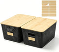Bagnizer 2 Pack Tall Plastic Storage Bins with Bamboo Lids, 10.8qt Stackable Storages Baskets for Organizing Desktop Closet Playroom Classroom Office, 12"L x 8.3"W x 6.1"H, Black by Bagnizer