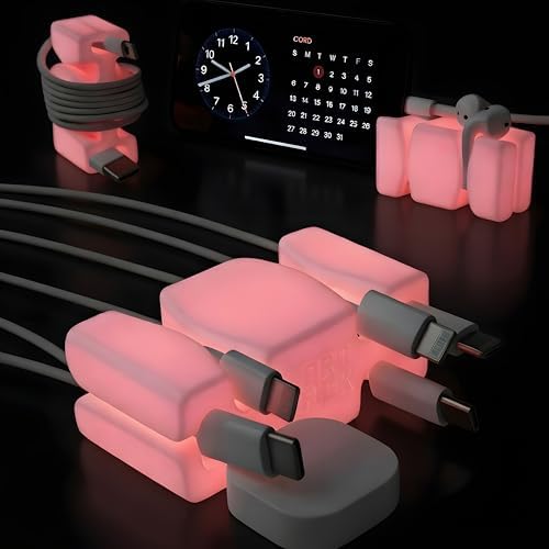 CordBrick 2PK Glowing Silicone + Steel Weighted Cable Holders for Nighstands, Cord Wraps for Travel, Unique iPhone Accessories. Small Graduation Gift for High Schoolers. Gadget for Teens. Pink Glow by CordBrick