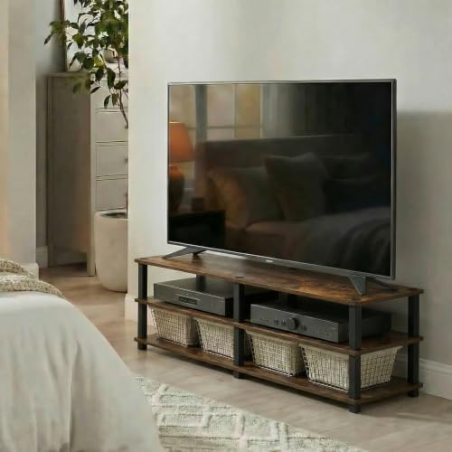 Furinno Turn-S-Tube Toolless Assembly 3-Tier TV Stand, Entertainment Center for TV up to 55 Inch, Wide Printer Stand with Storage Shelf, for Living Room, Bedroom, Amber Pine - Image 3