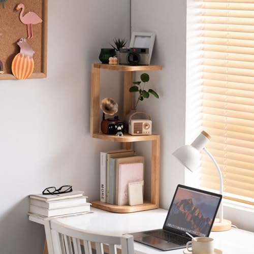 Corner Shelf Stand Desk Organizer,26.8" H Rubberwood Brown Rack for Small Spaces, Bedroom,Home Office,Kitchen,Bathroom (Natural, 3 Tier) - Image 2