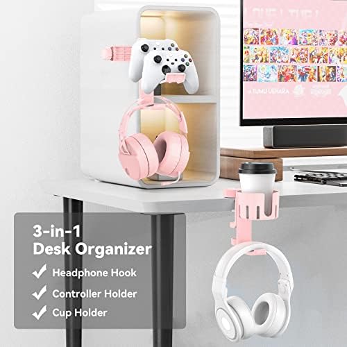 KDD Rotatable Headphone Hanger - 3 in 1 Under Desk Clamp Controller Stand Replaceable Cup Holder - Compatible with Universal Headset, Controller, Cup(Pink) - Image 2