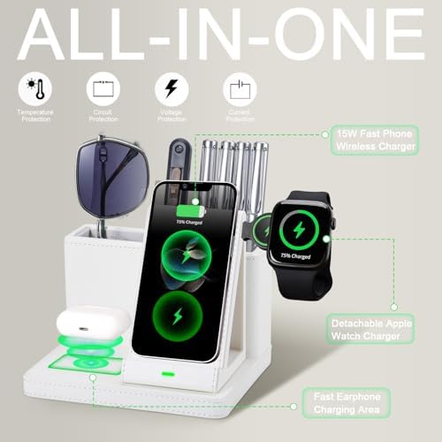 LADSTAG Leather Desk accessories Pen Holder with 3-in-1 Wireless Charger for Phone, Earbuds, Watch Multifunctional Desktop Phone Stand for Office and Home,birthday gifts,gifts for him (white) - Image 2