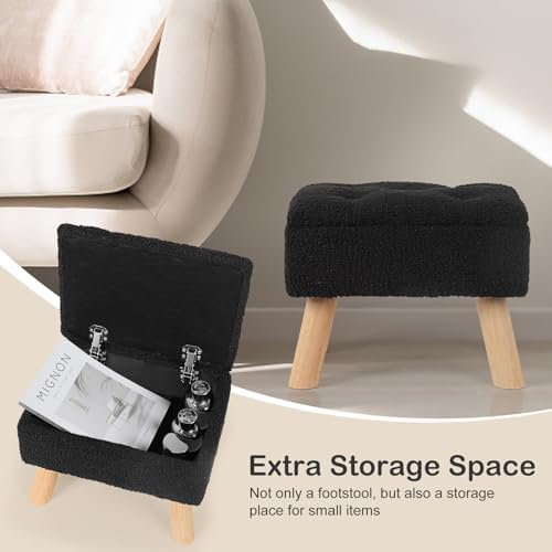 OGEMXU Storage Ottoman, Small Foot Stool Ottoman with Storage, Boucle Teddy Velvet Foot Rest with Padded Seat, Sturdy Wood Legs Stool for Living Room, Bedroom, Couch, Enterway (Black) - Image 5