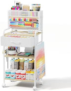 Homsorout Art cart, 3 Tier Rolling Cart - Utility Cart with Storage Drawer and Wheels, Versatile Art & Craft Organizer for Home, Office, or Studio Ideal for Storing Brushes, Paints （ White） by Homsorout