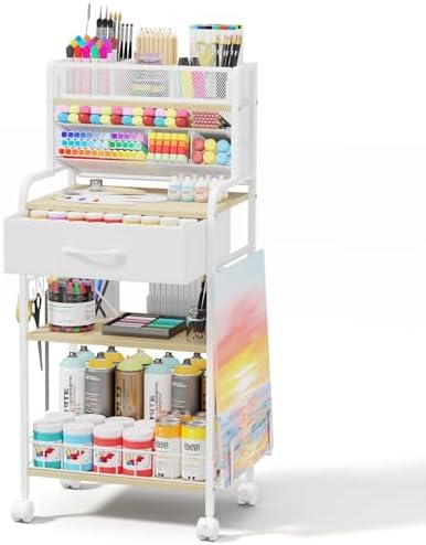 Homsorout Art cart, 3 Tier Rolling Cart - Utility Cart with Storage Drawer and Wheels, Versatile Art & Craft Organizer for Home, Office, or Studio Ideal for Storing Brushes, Paints （ White） by Homsorout