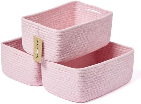 MiniArk Small Storage Baskets for Organizing | Closet Organizer Bins | Shelf Toy Basket | Woven Rope Baskets | Cube Decorative Box | Shallow Basket | 13x8.5x5.1” | 3 Packs Pink by MiniArkStorageBasketsHome