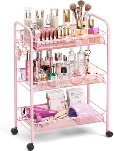 TOOLF 3 Tier Rolling Cart, Metal Utility Storage Cart with Wheels, Pink by TOOLF
