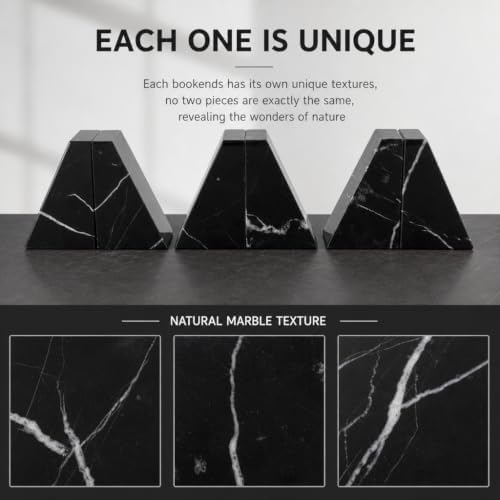 Koville Marble Bookends for Shelves, Natural Stone Book Ends for Large Books, Heavy Duty Bookends, Decorative Bookends for Office Home Kitchen Decor, Unique Modern Book Ends(Black) - Image 4