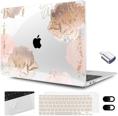MEEgoodo for MacBook Air 13.3 inch Case 2021 2020 2019 2018 A2337 M1 A2179 A1932, Hard Shell with Keyboard Webcam Cover & Trackpad Film & Type C Adapter for MacBook Air M1, Pink Peony Flowers by MEEgoodo