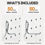 100 Pack Pegboard Hooks, Heavy Duty Galvanized Metal Peg Board Hooks with Locking Tabs, 2 Sizes, Fits 1/8” & 1/4” Pegboards, Garage Tool Organizer Accessories - Image 4