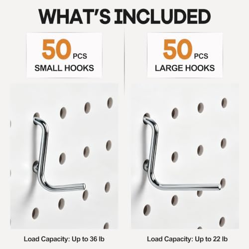 100 Pack Pegboard Hooks, Heavy Duty Galvanized Metal Peg Board Hooks with Locking Tabs, 2 Sizes, Fits 1/8” & 1/4” Pegboards, Garage Tool Organizer Accessories - Image 4